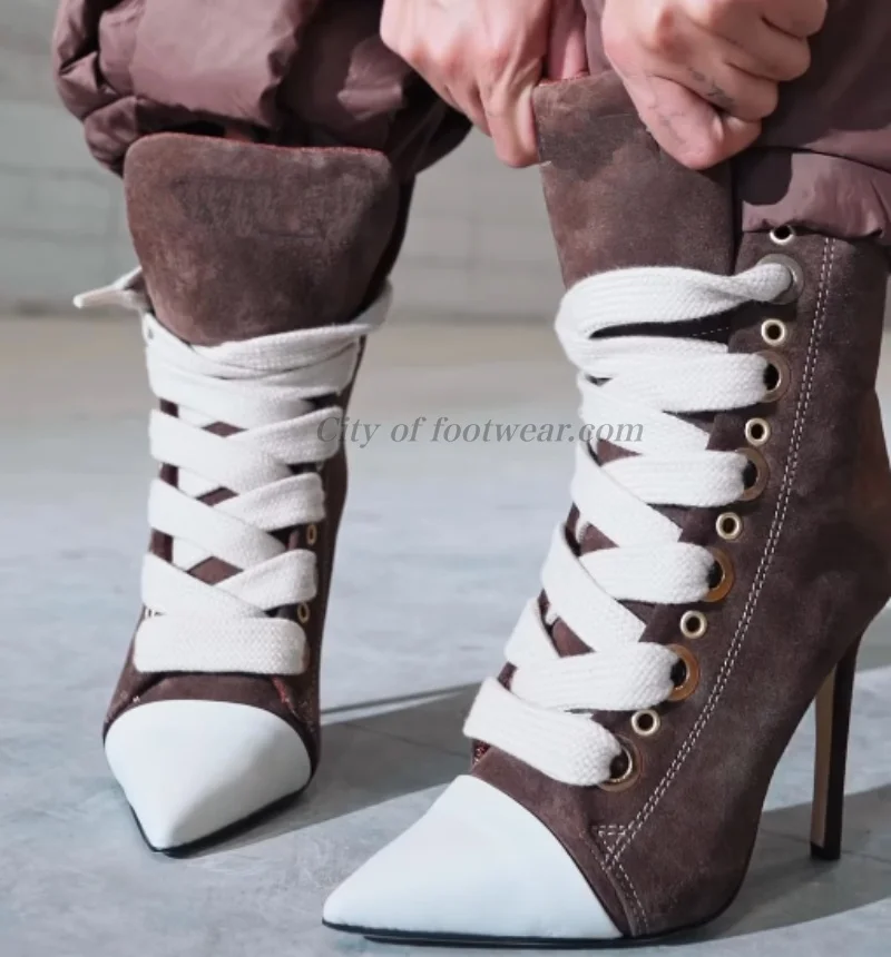 

Chic pointy toe suede ankle boots stilettos Colorful lace up leather women's big size luxury designer brown sexy high heels
