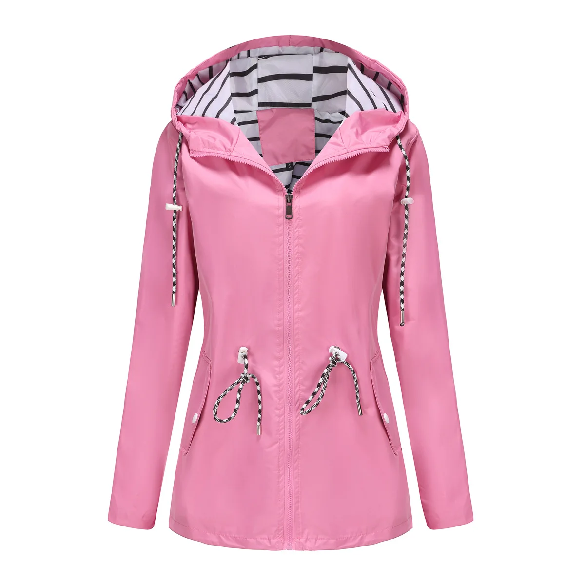 Women Outdoor Windbreaker Casual Loose Hooded Waterproof Raincoat Long Sleeve Solid Color Mid-length Zipper Hiking Jackets