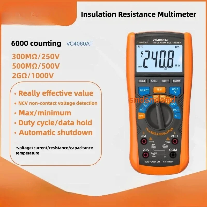 VC4060AT True RMS 2-in-1 Insulation Resistance Tester & Multimeter, 6000 Counts, 2GΩ@1000V, Temp, NCV, Voltage, Capacitance