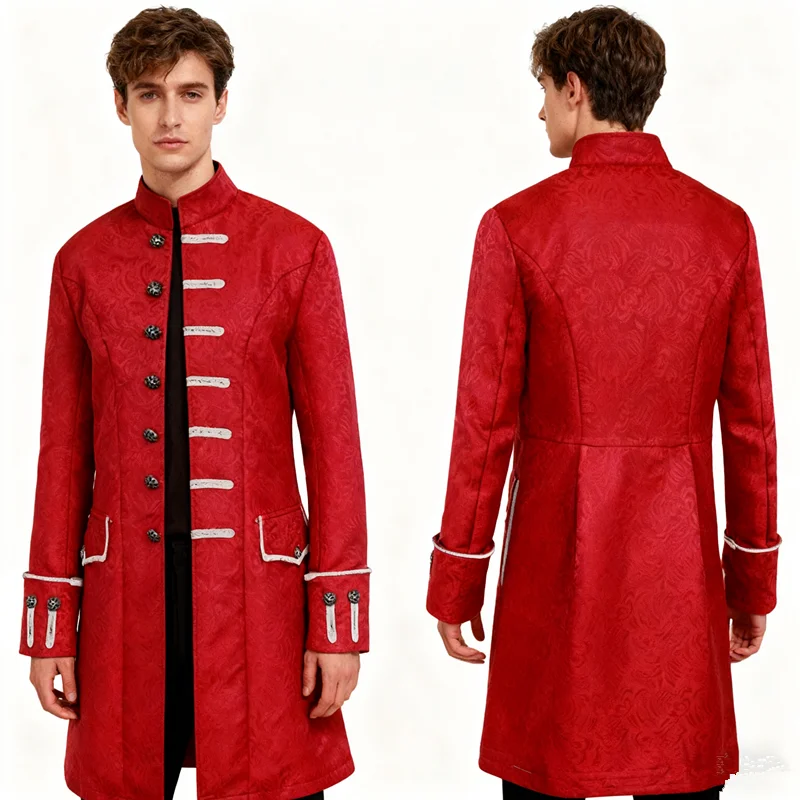 Halloween Men's Long Coat, Jacquard Fabric Jacket, Steampunk Retro Trench,White, Black, Blue, Burgundy, Apricot Are Available.