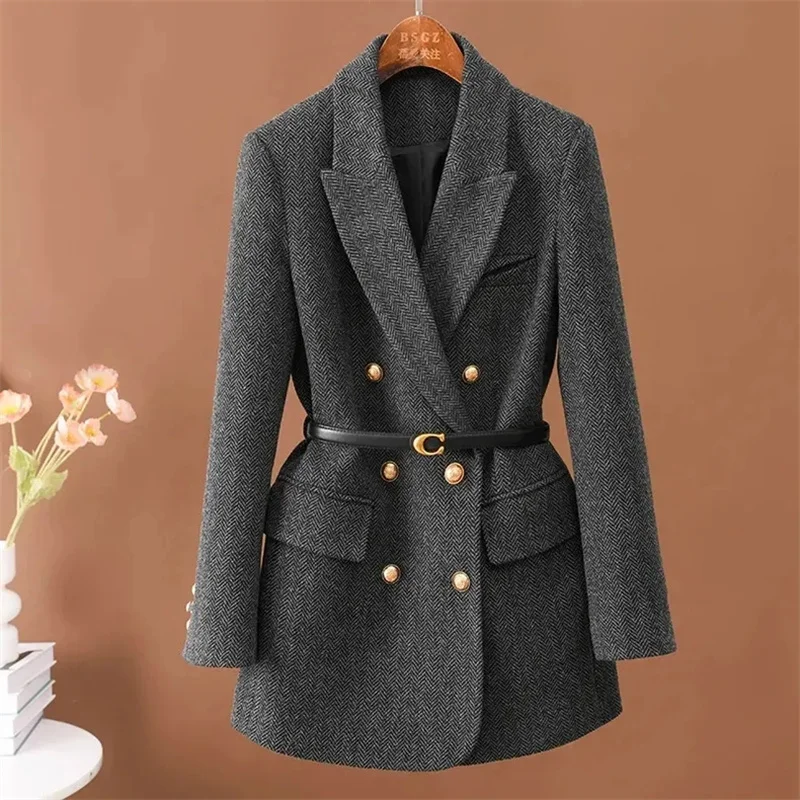 Autumn Women Fashion Double Row Blazer Jacket 2025 Femme Long Sleeves Suit Korean Lady High-end Medium Long Styles Woolen Top