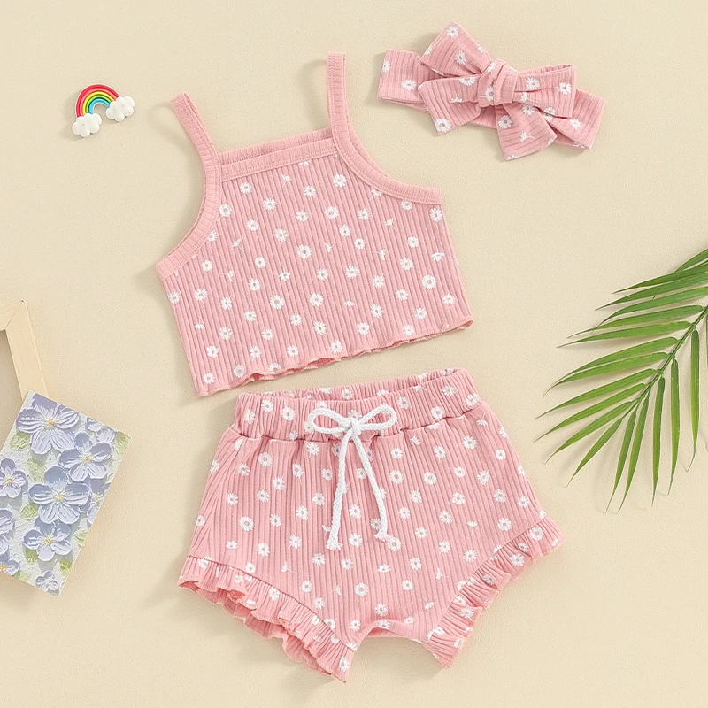 Tenues 3 pièces pour tout-petits filles, imprimé à pois, ceinture en fibre précieuse Y et élastique, short, ensemble de bande de sauna, AdtosSummer