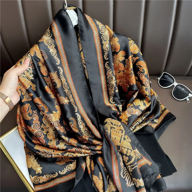 Luxury Brand Silk Scarf Women Large Shawls Hijab  Design Stitching striped arrow imitation silk sunscreen outdoor beach towel