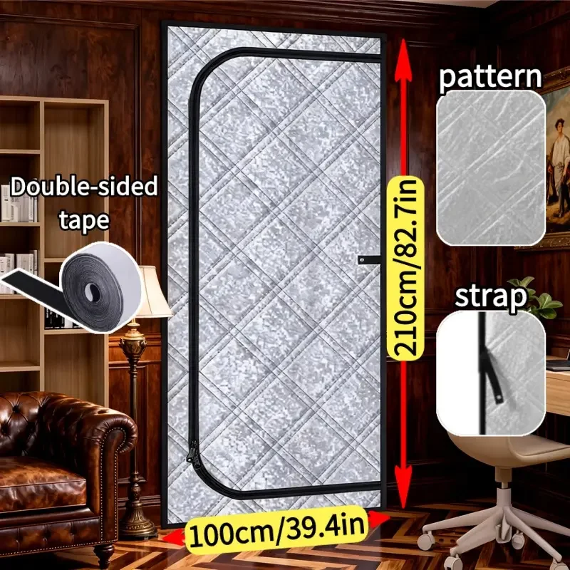 Aluminum Foil Oxford Cloth U-Shaped Zippered Door Curtain, Thickened Insulated Windproof Sealed Thermal Barrier for Home