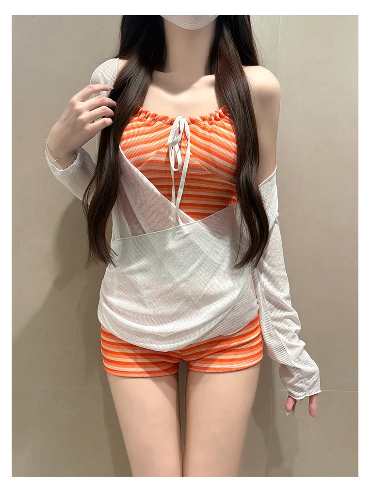 Conjunto de bikini para mujer, con camiseta de manga larga para cubrirse del sol, protección contra los rayos UV, tejido impermeable, diseño a rayas, suave, elástico, sexy y con un toque dulce. Incluye 3 piezas.
