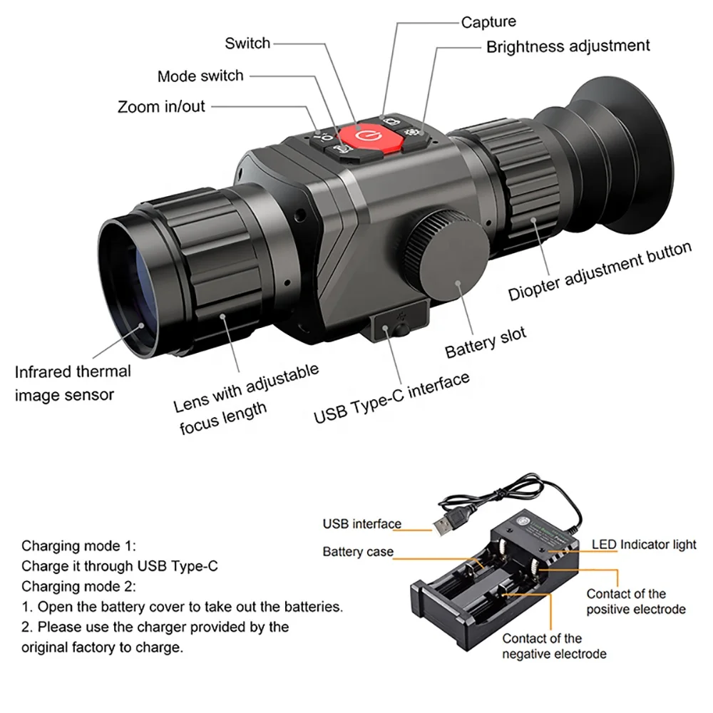 HT-C8 HD Thermal Imaging Telescope 25mm Lens Scope Night Vision 384*288 Infrared Focal Plane 2X Hunting Thermal Imager Monocular