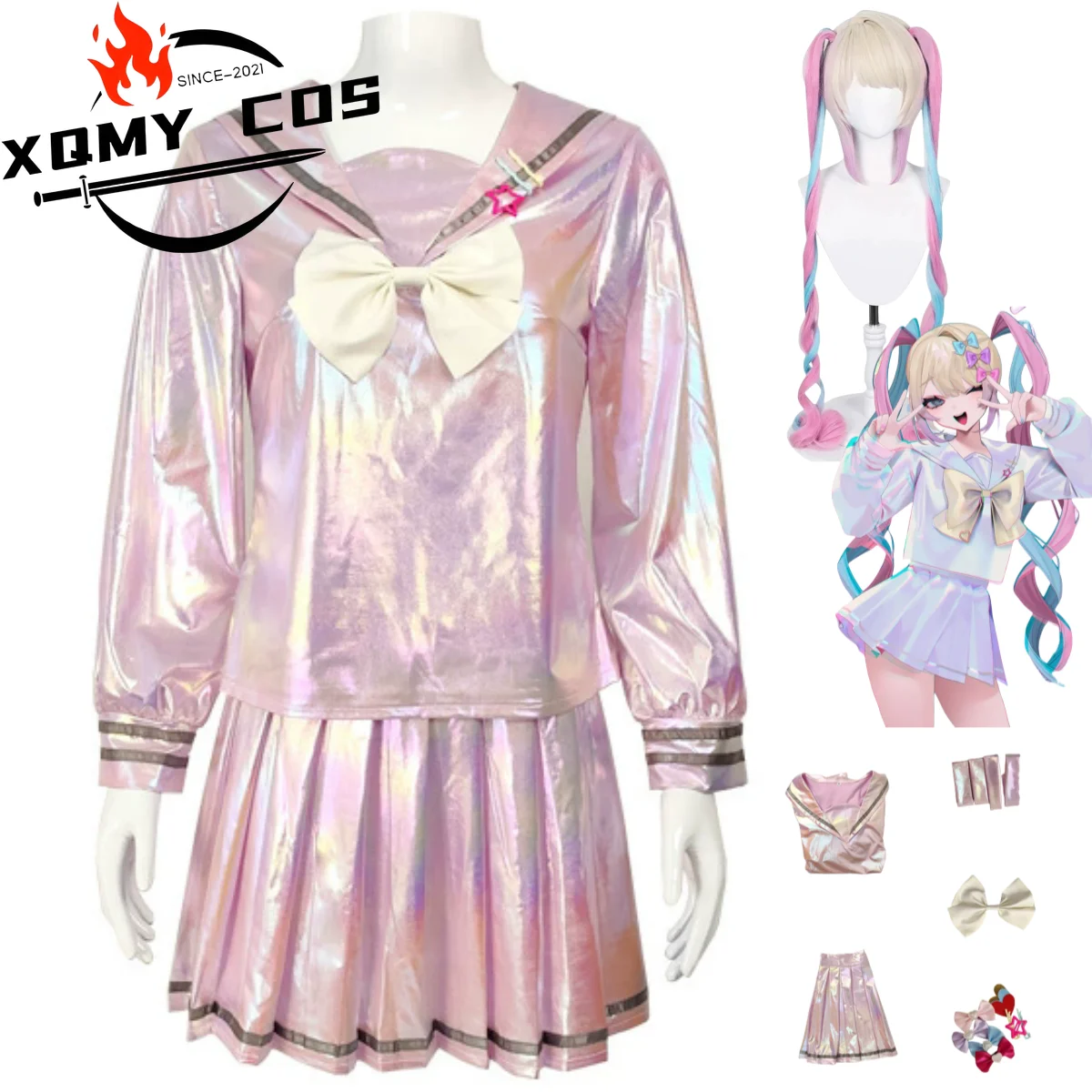 

XqAnime Needy Girl Overdose Kangel Косплей Костюм Розовый Матросский Костюм С Длинными Рукавами JK Униформа Парик Женский Сексуальный Комплект Для Дня Рождения