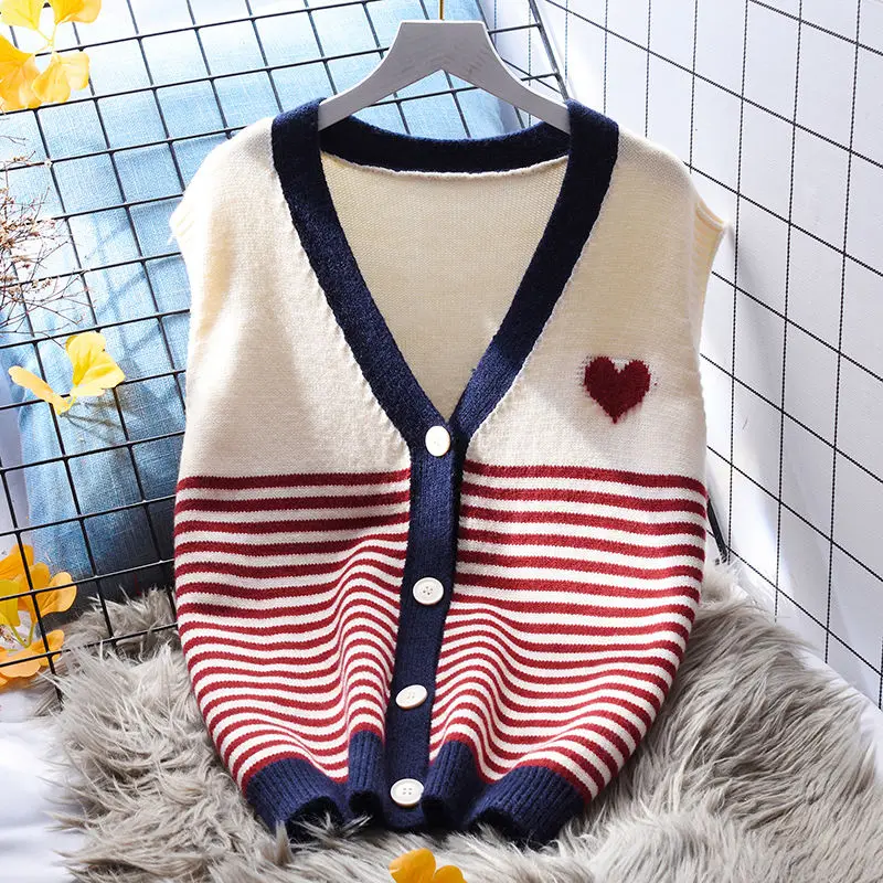 Striped V-neck Knitted Women's Tank Top Loose Lazy Style Spring and Autumn New Korean Edition Women's Sweater Vest