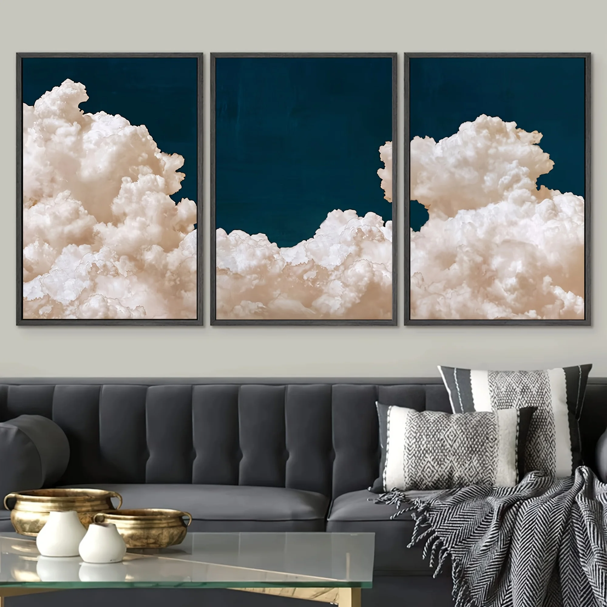 3 Stück/Set ungerahmte moderne blaue Hintergrundwolken Naturmalerei, kreatives Leinwandposter, wasserdichte Leinwand-Wandkunst, Geschenk Artwo