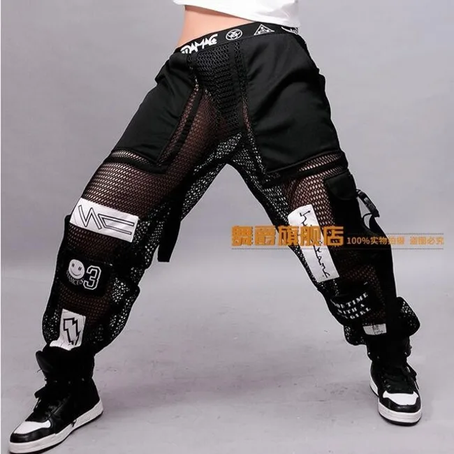 #0103 Summer Hip Hop Pants Women Black/White Mesh Mesh See Through Pants Loose Streetwear Patchwork Big Pockets Joggers Women