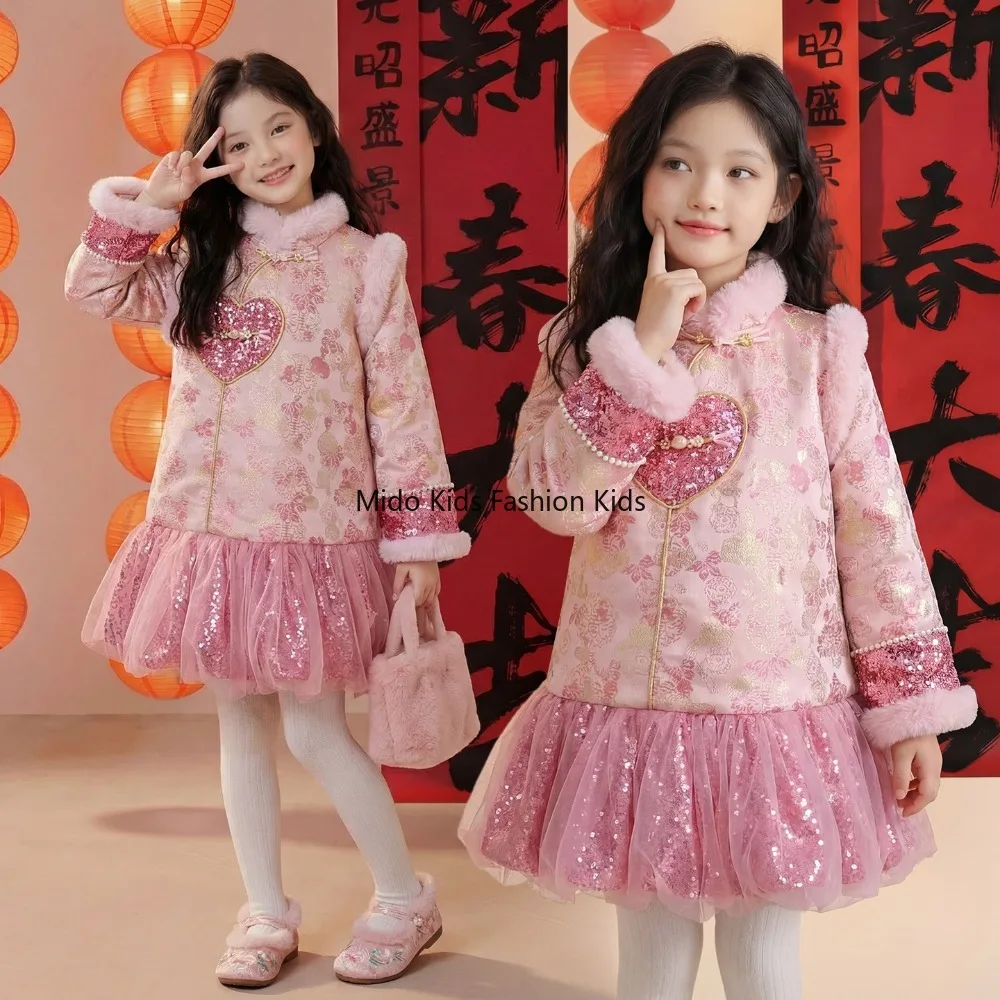 

Детское китайское платье Cheongsam для детей от 3 до 10 лет, зимний утолщенный наряд принцессы Ципао, новогодний праздничный костюм, 110-160 см