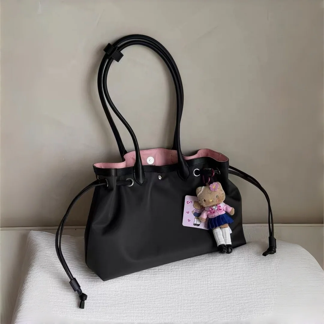 Large Capacity Commuter Tote Bag Patchwork Color Block Drawstring Nylon Single Shoulder Bag Casual Style Handbag Without Pendant