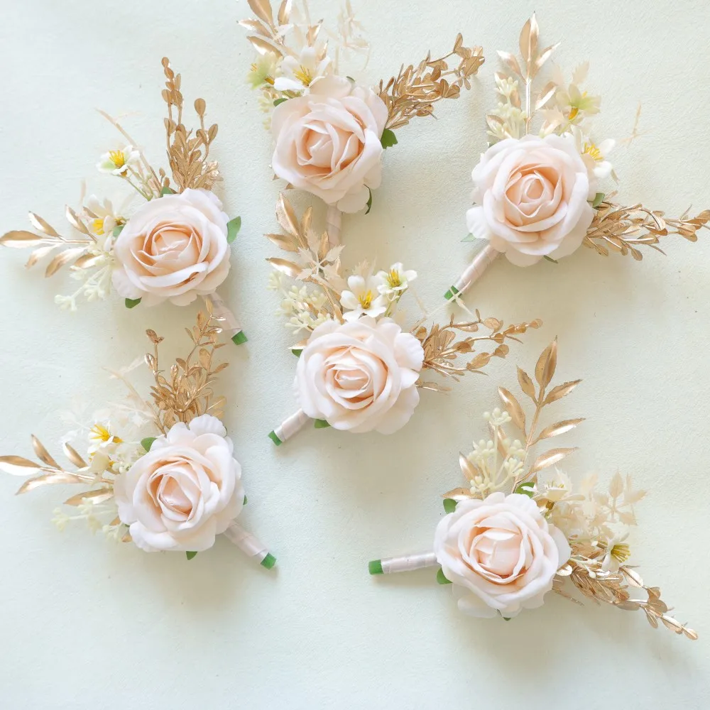 

Champagne Wrist Corsage and Boutonniere Flower On Wrist for Bride Bridesmaid Wedding Boutonniere for Men Groom Groomsman Wedding