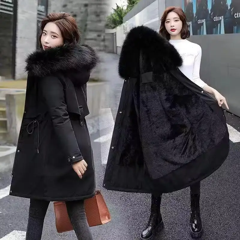Solid Parka Windbreaker Outerwear Hooded Parkas Women Jackets Long Sleeve Zipper Pockets High Street Warm 2025 Winter Loose