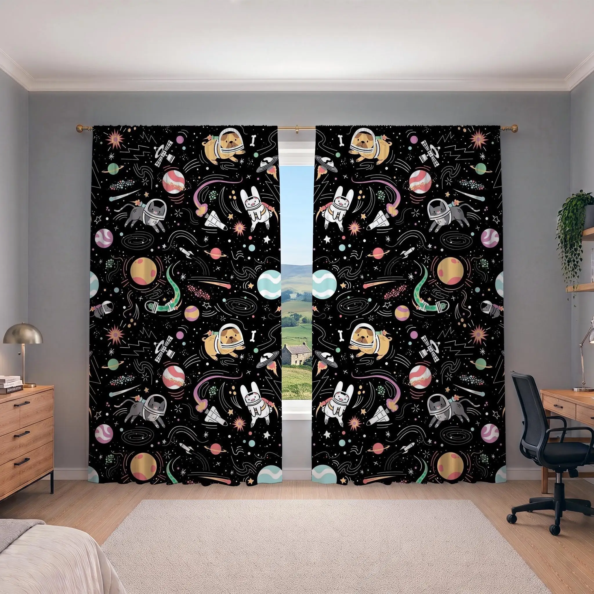Cute Astronaut and Cute Cartoon Animals Galaxy Pattern Curtains for Nursery Kids Room Decor Window Treatment