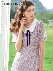 I BELIEVE YOU Floral Women's Summer Dress Gentle French V-neck Chiffon A-line Short Sleeve Midi Beach Dress Lady DLQ224460A