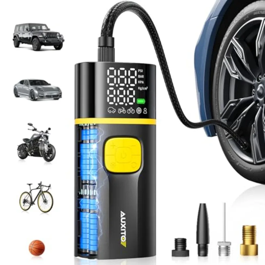 

Портативный воздушный компрессор A502 для накачивания шин для автомобиля, грузовика, велосипеда, мотоцикла, двухцилиндровый двигатель 150PSI с аккумулятором емкостью 7800 мАч и 12 В постоянного тока