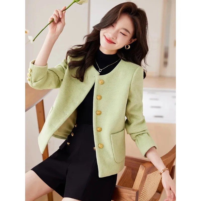 Woolen Women Suit Blazer 1 Piece Green Beige Gray Ladies Jacket Female Long Sleeve O-Neck Autumn Winter Coat With Pocket