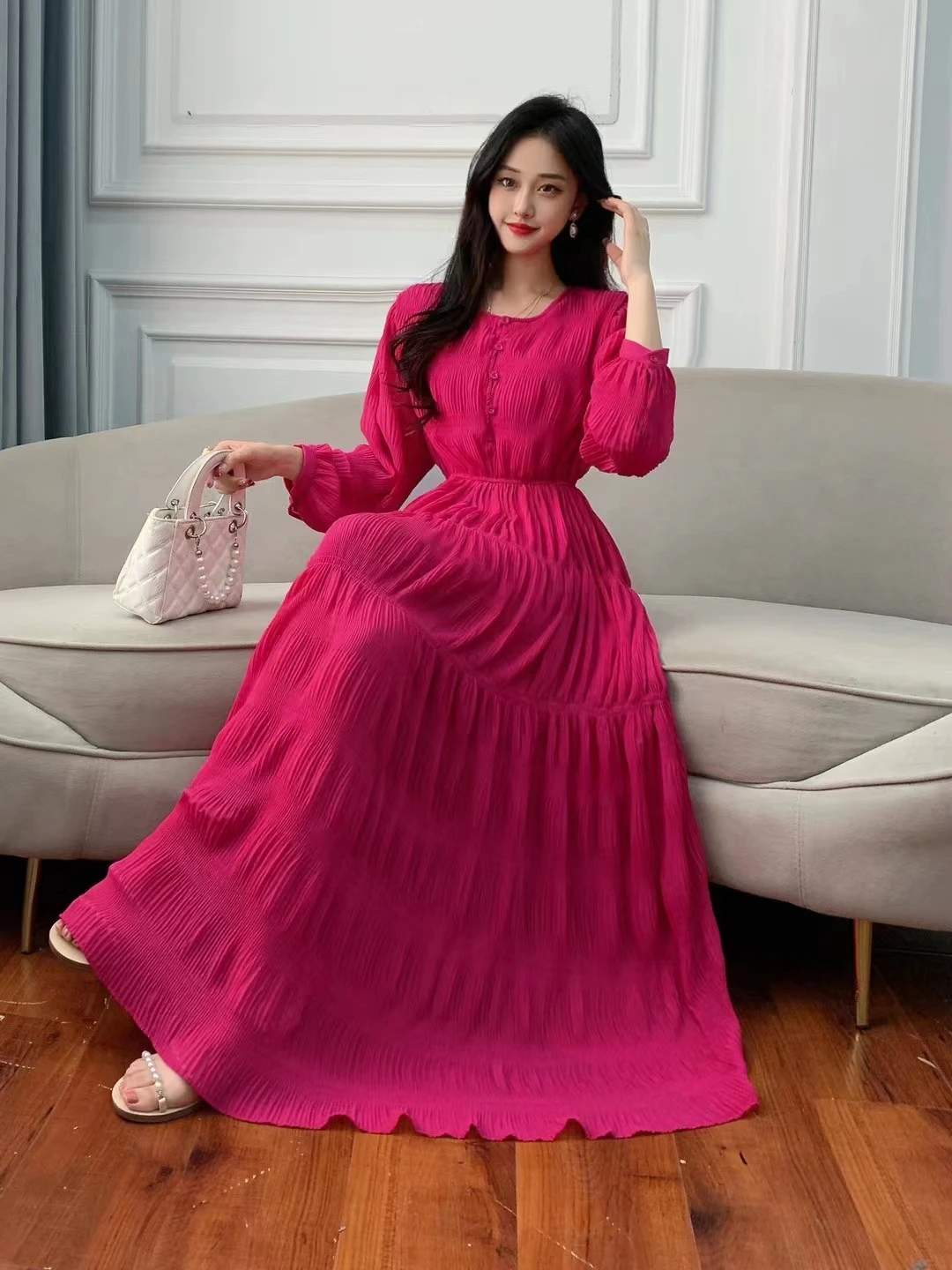 2023 New Spring Autumn Women Long Sleeve Loose Fit Long Dress Elegant Big Hem Pleated  Solid Color Chiffon Dress y2k clothes