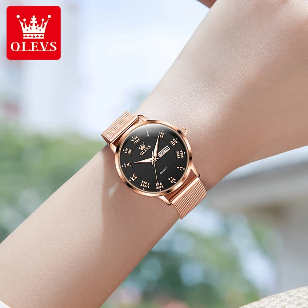 OLEVS 2920 Woman Watch Elegant Original Quartz Wristwatch Mesh Belt Waterproof Luminous Day Date Watches For Woman Bracelet Set
