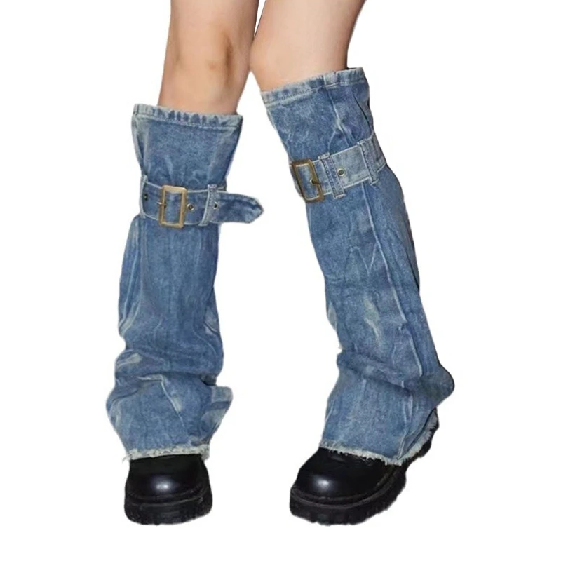 Women Washed Denims Flared Leg Warmer Buckled Strap Distressed Jeans Leg Cover