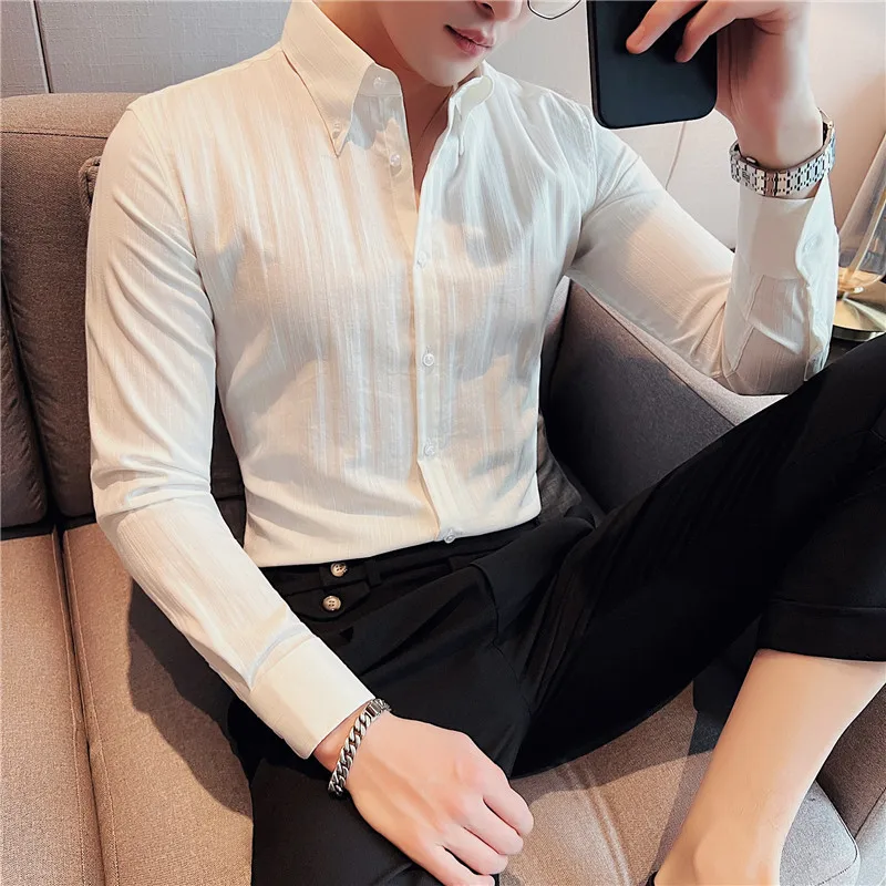 

High Quality Striped Shirt for Men Large Lapel Casual Business Dress Shirt Fashion Long Sleeve Slim Social Party Tuxedo Blouse