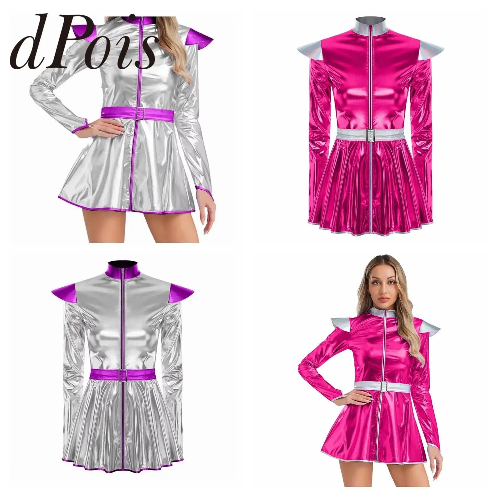 

Women Metallic Robot Costume Halloween Carnival Party Cosplay Alien Costume Long Sleeves Dress Shiny Outer Space Fancy Dress