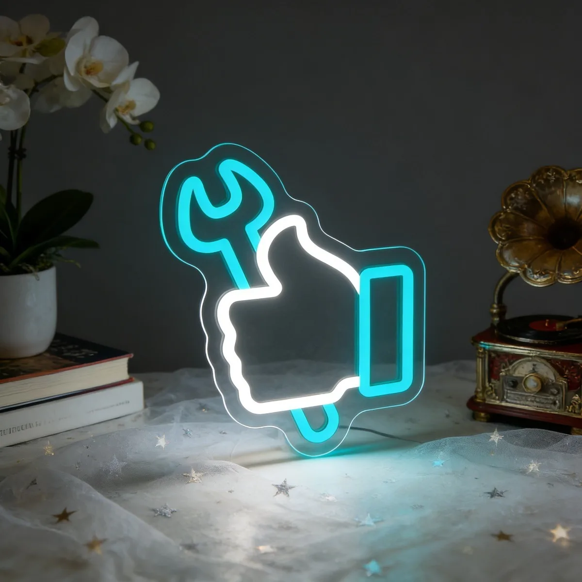 

Неоновая вывеска «Ключ-палец вверх» с сине-белой LED-подсветкой, USB, с регулировкой яркости, для инженеров, мастерских, гаражей, мужских уголков, уникальный подарок для мужчин-механиков