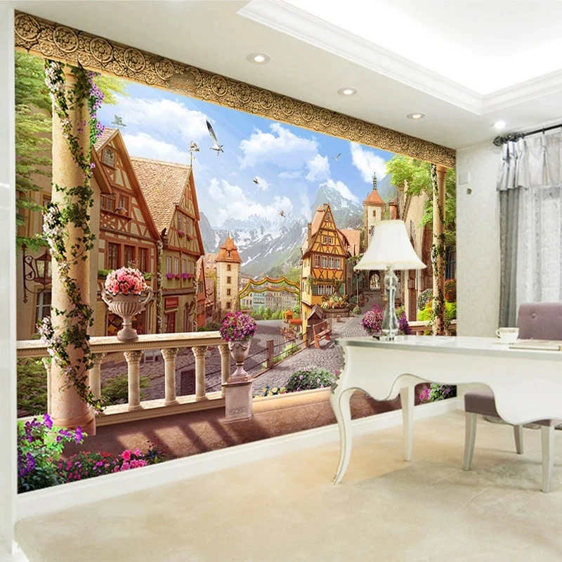 Customized Mural European Retro Fairy Tales Town Building Photo 3D Wallpaper Restaurant Cafe Living room TV background bedroom