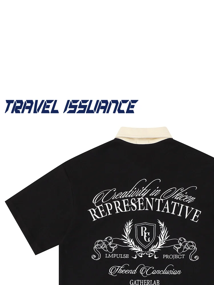 

Travel Issuance Badge Embroidered Loose Shoulder Short Sleeve Shirt Korean Style Unisex Breathable Cotton Polyester Blen...