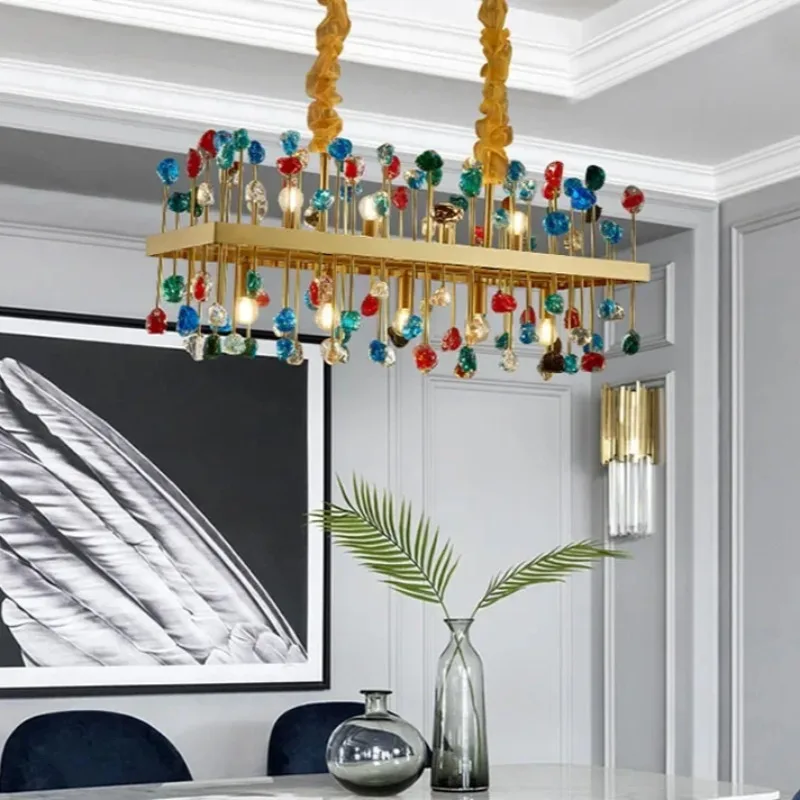 Modern Crystal Chandelier for Dining Room Luxury Colorful Cristal Hanging Lamps Rectangle Kitchen Island LED Lighting Fixtures