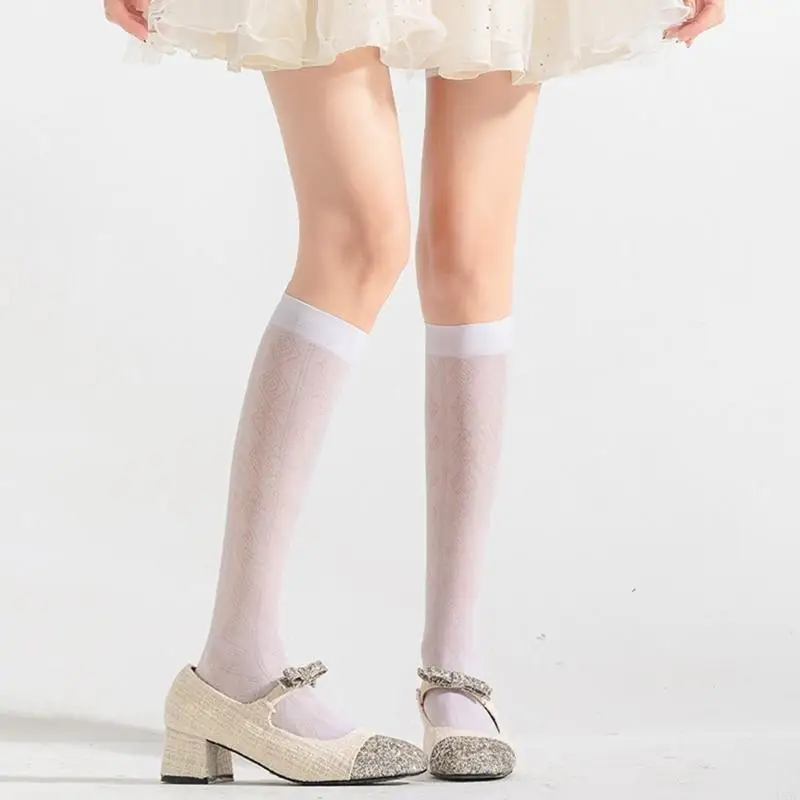 

L5YC Women Japanese Long Socks Diamond Striped Patterned Over Calf Stockings