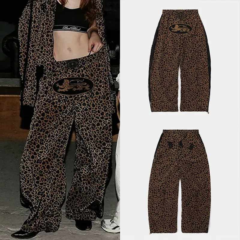 

Свободные спортивные повседневные брюки в американском стиле, прямые, с ретро-леопардовым принтом, женские, длинные, модные, удобные, дышащие
