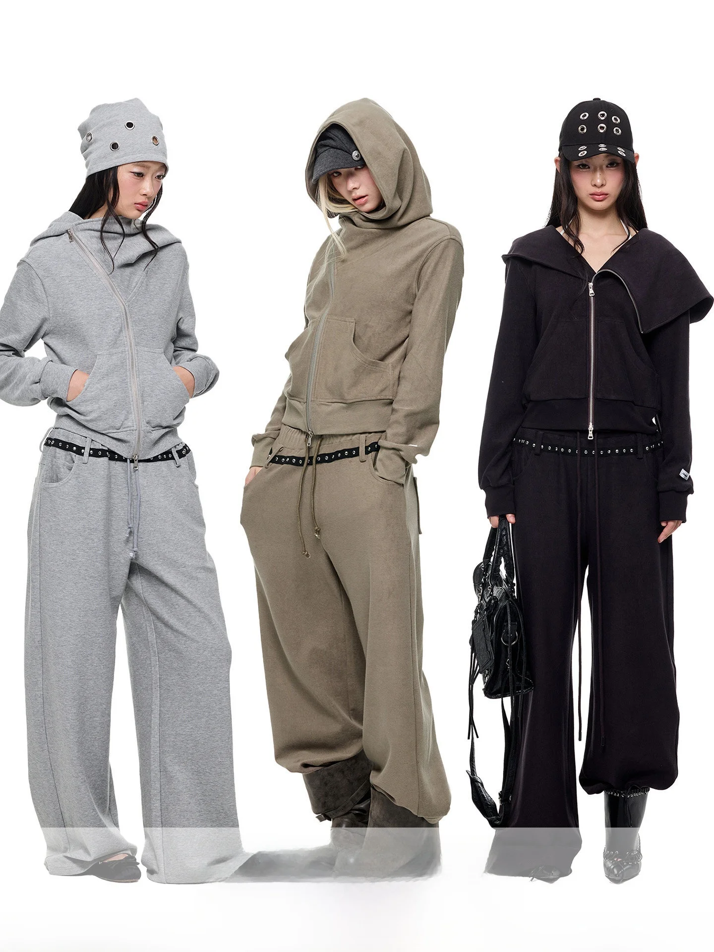 JIKOO Korean Style Hooded Fleece Women's Wide Leg Sweatshirt Set Autumn Casual Breathable Polyester Cotton Two-Piece Suit