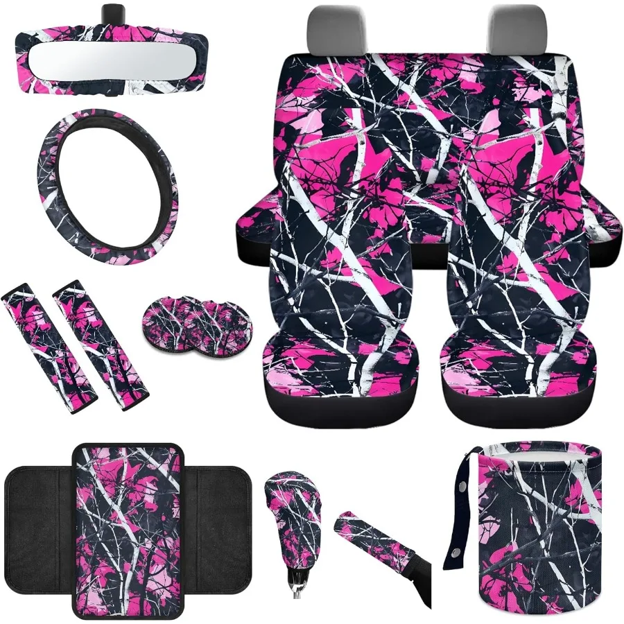 Pink Wood Car Seat Covers Full Set 14 PCS for Hunting Camo Interior Decoration with Steering Wheel Cover Seat Belt Covers Arm R