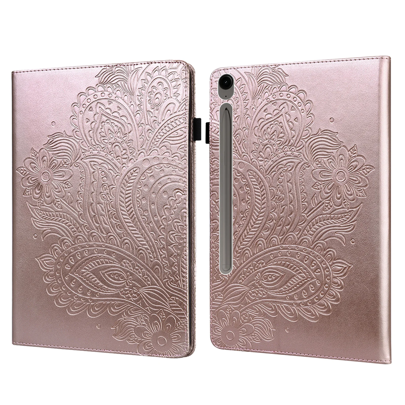 For Samsung Galaxy Tab S10 FE+ Case Peacock Flower Pattern Card Holder Leather Tablet Cover - Rose Gold