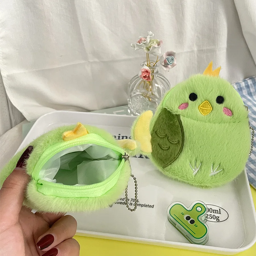 Porte-monnaie en peluche perroquet de dessin animé 14cm, pendentif oiseau mignon, sac à main en peluche pour fille, casque, rouge à lèvres, sac de rangement, pendentif, cadeaux pour enfants