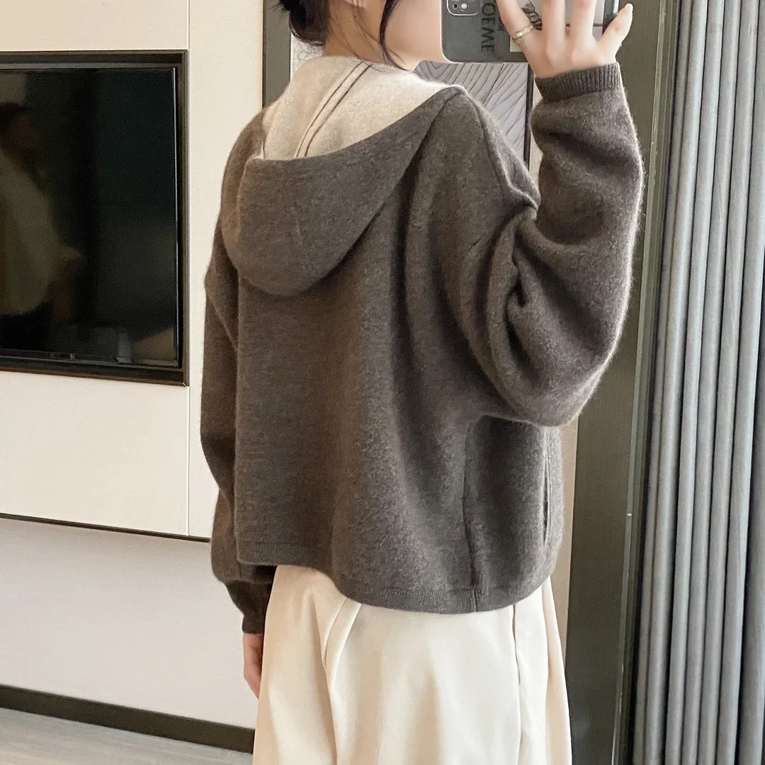 Women\'s Air Cashmere Cardigan Loose Padded Knit Hoodie Contrast Zipper Sweater Fall Winter Coat New Style Casual Comfortable