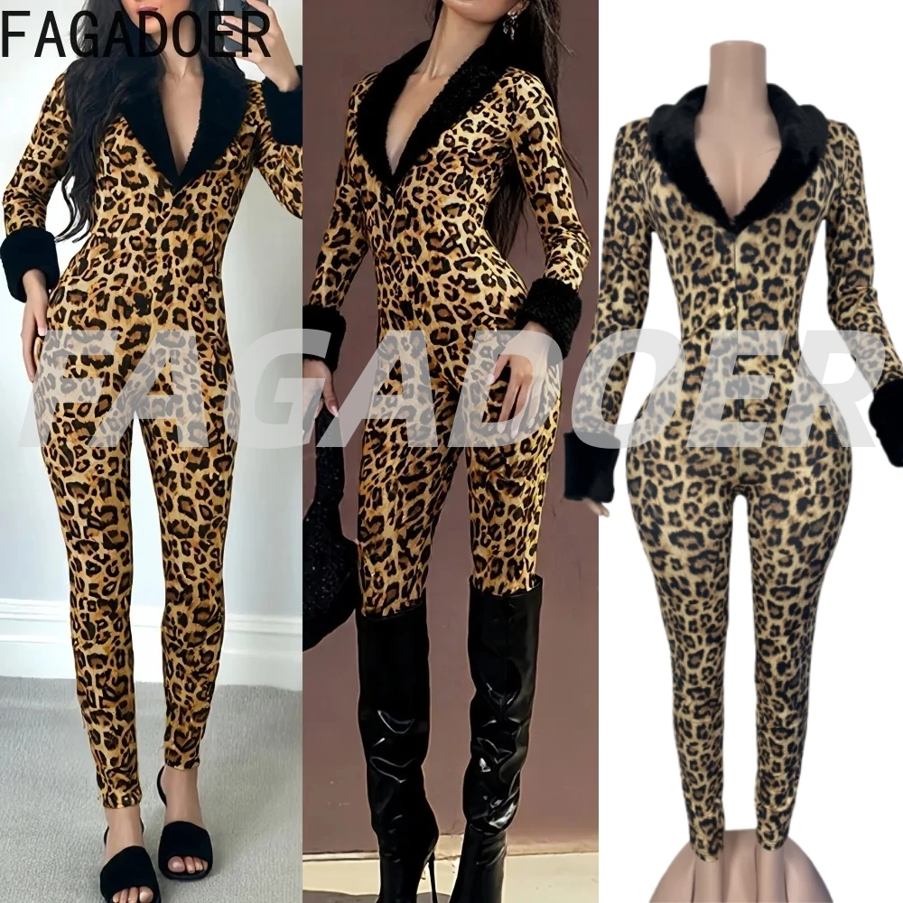 

FAGADOER Sexy Leopard Print Bodycon Jumpsuit Women Deep V-neck Long Sleeves Fur Patchwork Rompers Female Streetwear Overalls New