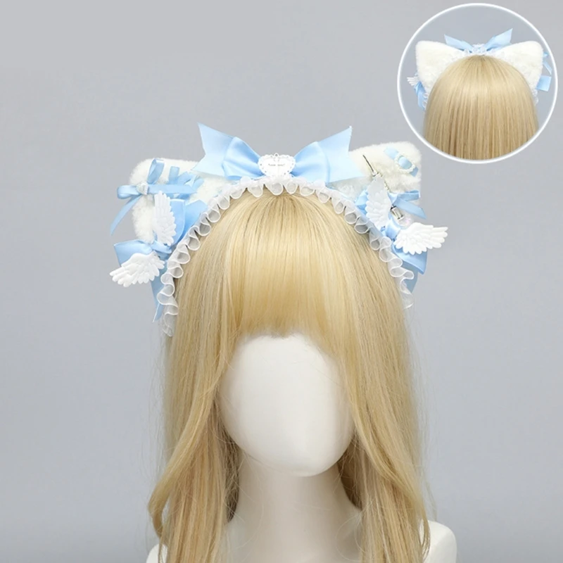 Lolita Girls Gothic Cat Ear Headband Bowknot Headpiece Women Harajuku Furry Plush Anime Cosplay Hairband for Party Hair Ornament