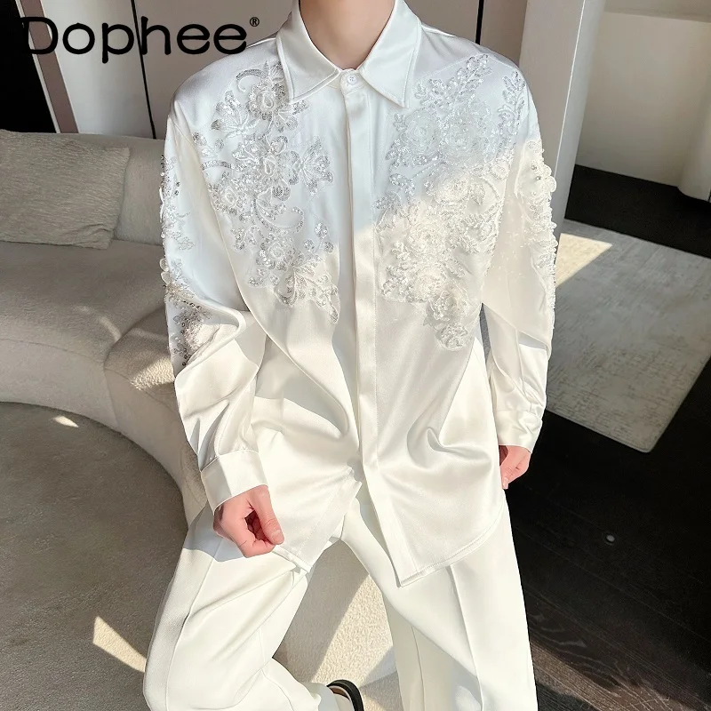 

2025 Four Seasons Wear Men's Fashion Two-piece Sets Male Handsome Sequin Embroidered Shirts Men's Light Luxury Shirt Pants Sets