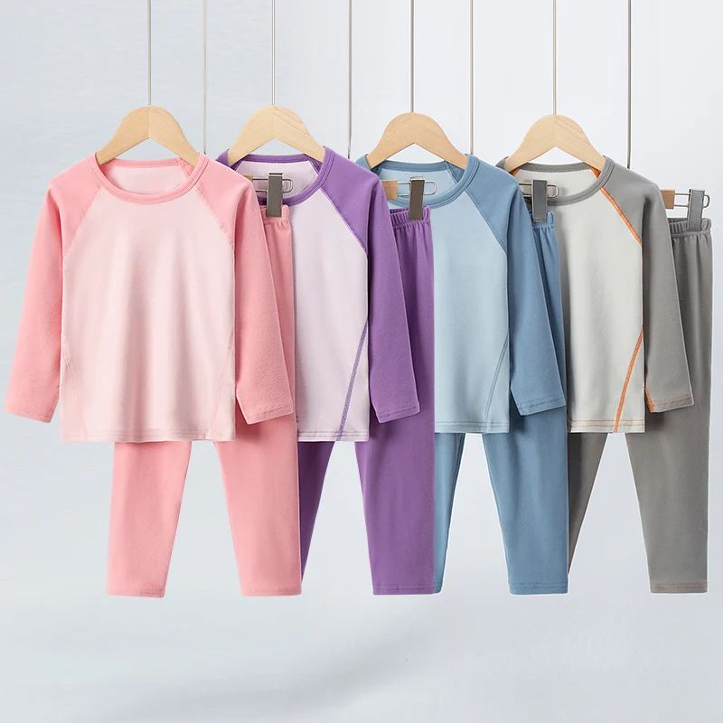 2/4-piece Autumn And Winter Children's Thick Brushed Color Blocked Warm Underwear Set For Boys And Girls Comfortable Sleepwear