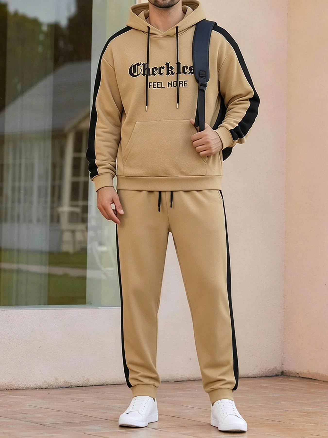 Ensemble décontracté deux pièces pour homme, kaki et noir, sweat à capuche et pantalon de jogging style gothique avec lettres colorées, coupe ample, tenue quotidienne printemps-automne