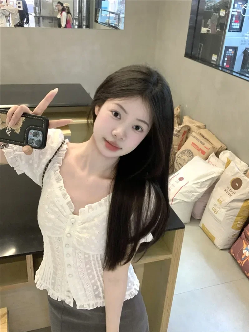 

2025 off-Shoulder Embroidered Lace Puff sleeve Slim fit Slimming Short Shirts Women's Shirt E7658
