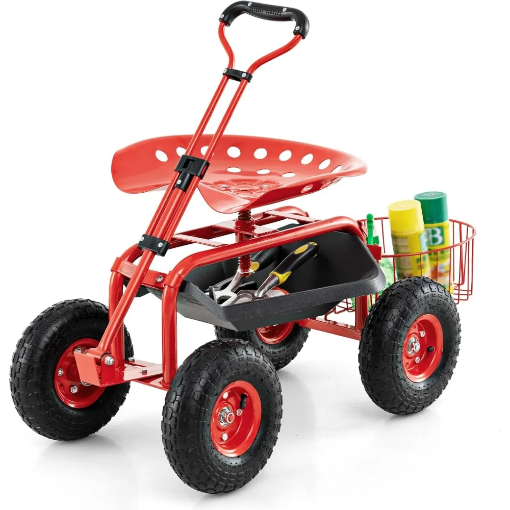 

Adjustable Rolling Garden Cart with Seat, Outdoor Stool, Tool Tray, Basket, and 360-Degree Steering Handle