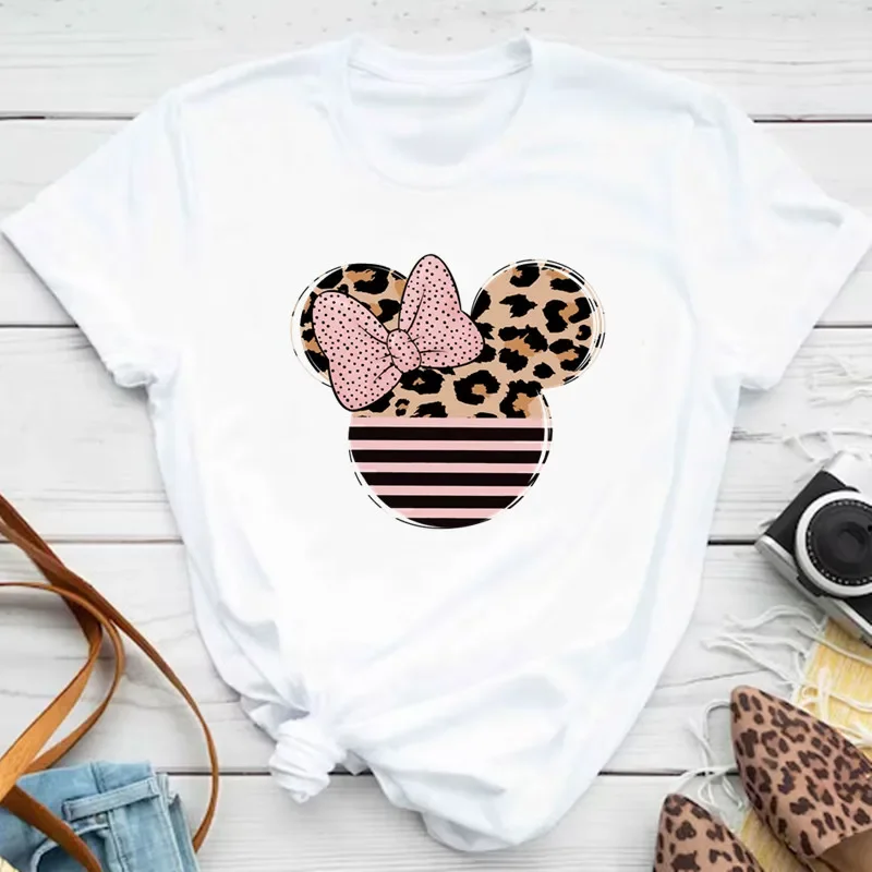 New T-shirts for Women Fashion Heart Minnie Print Unisex T Shirt Y2K Streetwear Clothes Kawaii Mouse Head T Shirt Female Tops