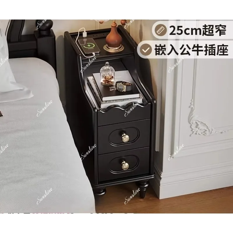 

MRetro style solid wood bedside table household bedroom small ultra-narrow smart bedside table crevice cabinet