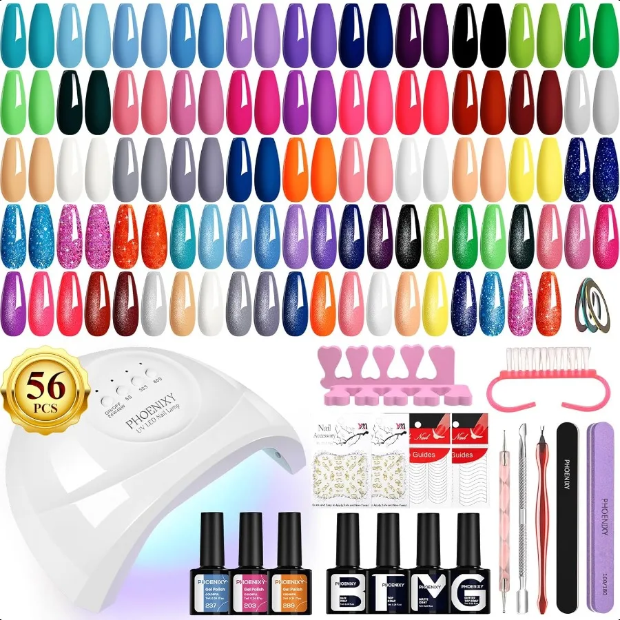 

Gel Nail Polish Kit with U V Light 48W 56 Pcs 108 Effects Gel Nail Polish Kit Base Matte Glitter Top Coat Manicure Nail Set Gif