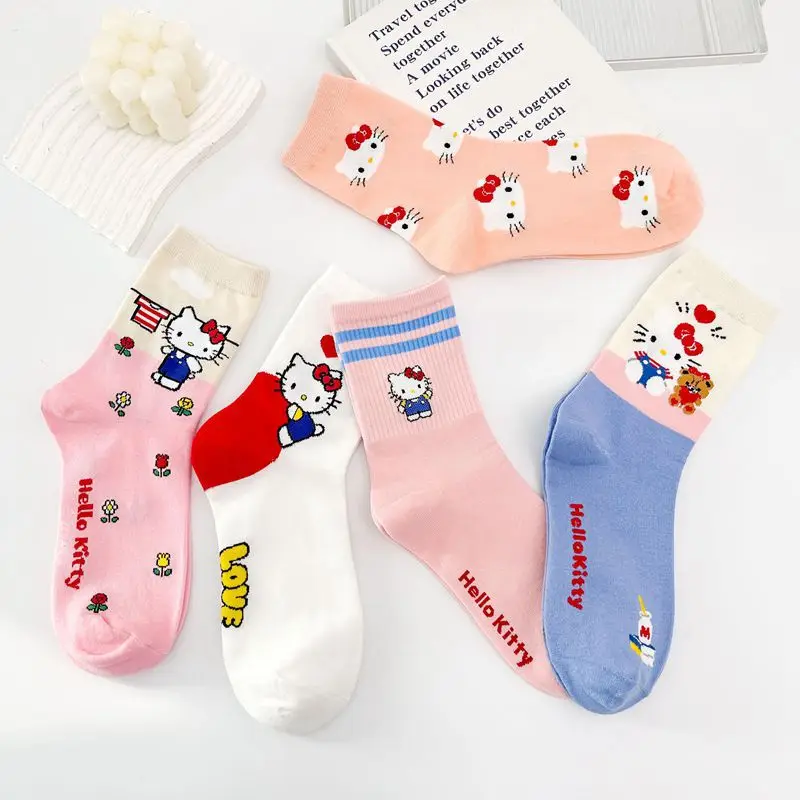 1pairs Y2K Hello Kitty Socks for Girls Medium Socks Kawaii Sanrio Accessories Socks Rosered Black White Sock Women Female