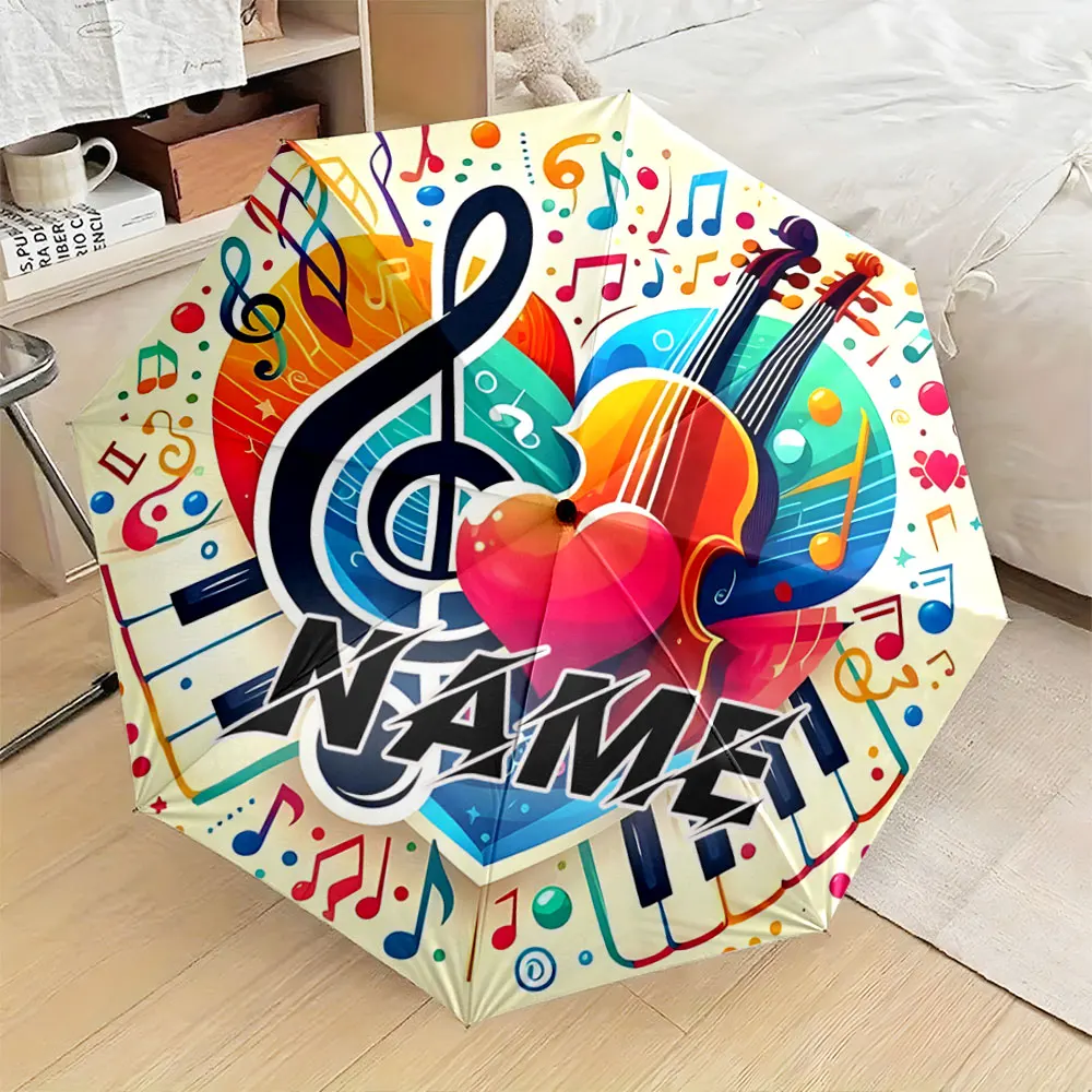 Custom Name Umbrella, Colorful Musical Violin Design with Notes and Heart Motif Folding Umbrella for Sunny and Rainy,Gift